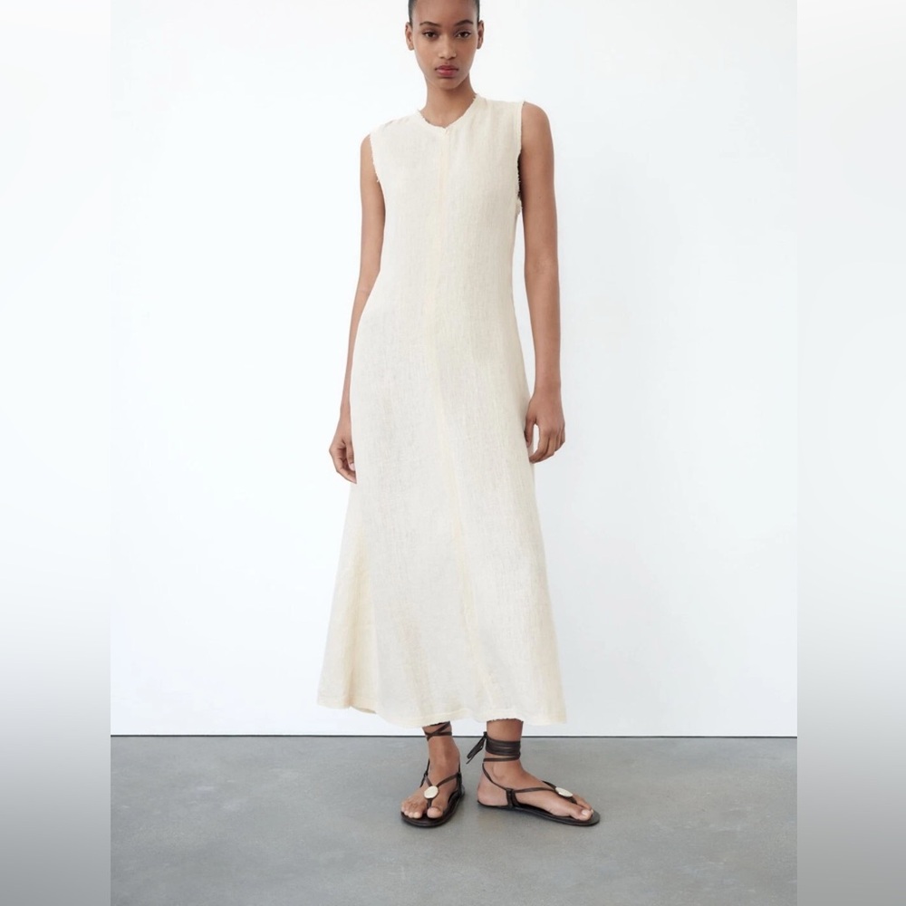 Zara Sleeveless Cream linen Maxi Dress size small